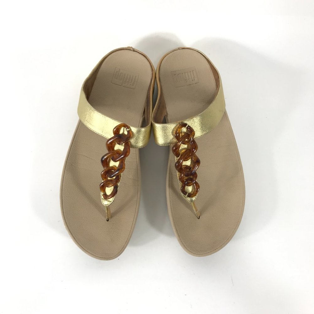 FitFlop Womens 9 Gold Sandals Fino Tortoise Chain Thong Slide Wedge Casual Wedge